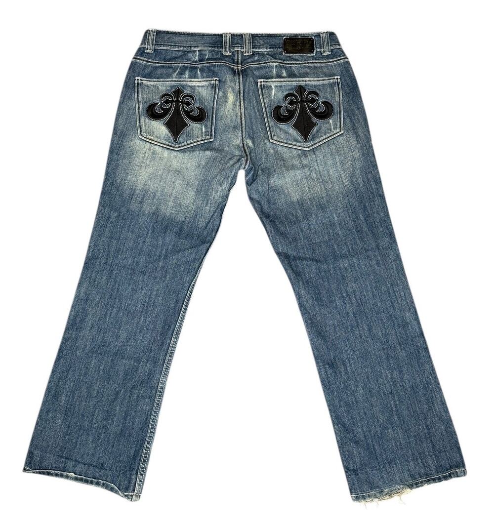Vintage Y2k Affliction Baggy Distressed Embroidered Denim Jeans Size 36x34